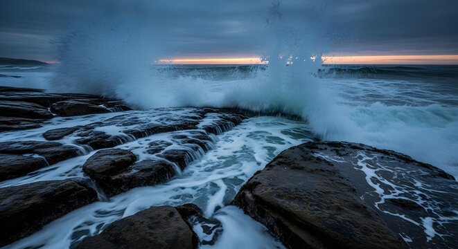 Dramatic Ocean Waves Crashing Over Dark Sea Rocks at Sunset