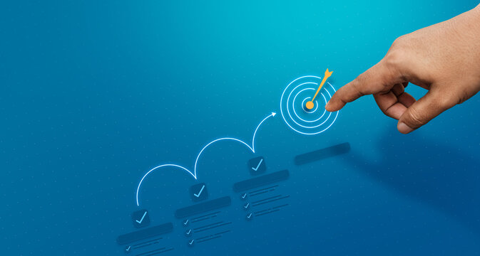 Business goal achievement strategy concept, Hand touching target icon and workflow checklist progression, digital performance optimization, project milestone tracking, KPI success planning interface