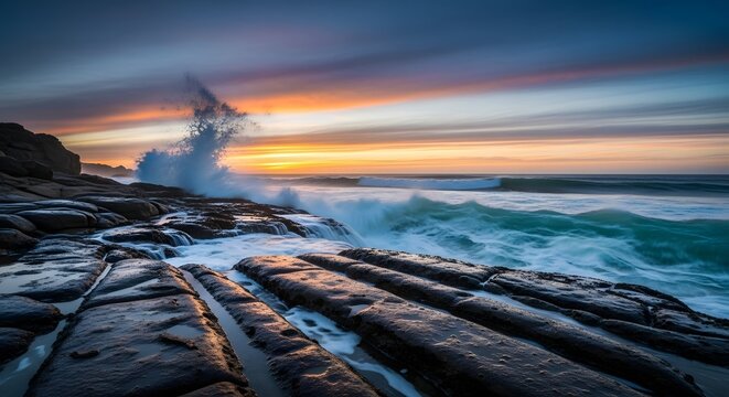 Dramatic Sunrise Coastal Scene with Waves and Tides