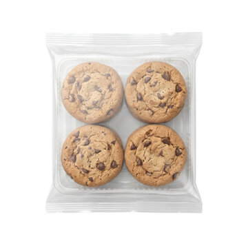 Clear plastic wrapper four chocolate cookies