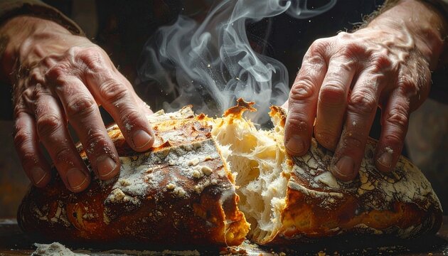 Hands tearing fresh sourdough bread with rising steam on wooden surface