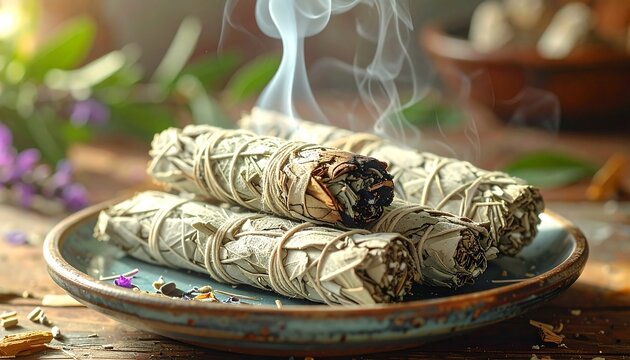 A serene still life of smudging herbs on a plate