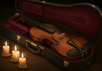 Obraz premium A vintage violin resting in its dark maroon case, illuminated by soft candlelight on a wooden surface. A musician's prized possession in a serene, intimate setting.