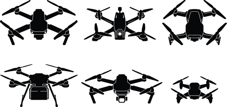 Drone silhouette collection with quadcopter aerial camera and unmanned flying devices isolated on gray background