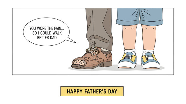 Happy Father's Day: A touching Father's Day illustration depicts a small child standing beside the large shoes of a father. Above, a speech bubble whispers a heartfelt sentiment of gratitude. 