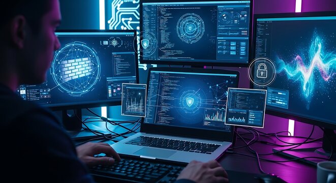 Cybersecurity expert monitoring multiple computer screens displaying digital data and security symbols