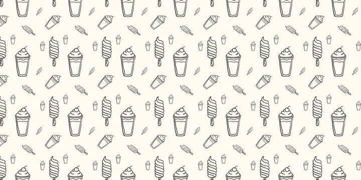 Seamless pattern with handdrawn milkshakes and ice cream on a light background, editable pattern design illustration