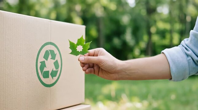 Natural Environment with Hand Holding Leaf Near Recycling Box