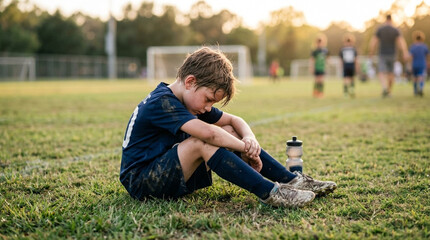 Obraz premium Disappointed young boy in a mud-stained blue soccer uniform sits on a grassy field with head down after a loss; background features a soccer goal and blurred players at sunset.