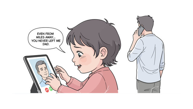 Digital Bond Across Distance: A young child joyfully video calls with a father, showcasing the enduring power of family connection, even when miles separate them.