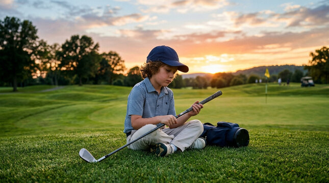 Young boy in a blue cap and striped shirt sitting on a green golf course grass at sunset, holding and inspecting a golf iron club next to his blue golf bag during golden hour.