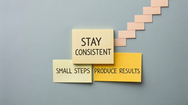 Motivational Sticky Notes on a Light Blue Background Emphasizing Consistency, Progress, and Positive Results for Personal Growth and Development