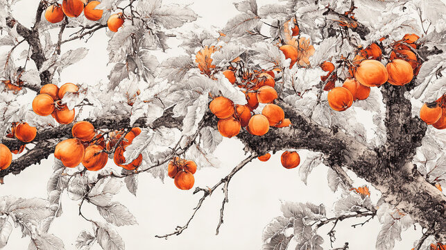 Ink painting persimmon tree heavy with fruit ancient Chinese dragon colorful flowers deep white light orange harmony traditional armor landscape style detailed branches leaves delicate strokes meticul