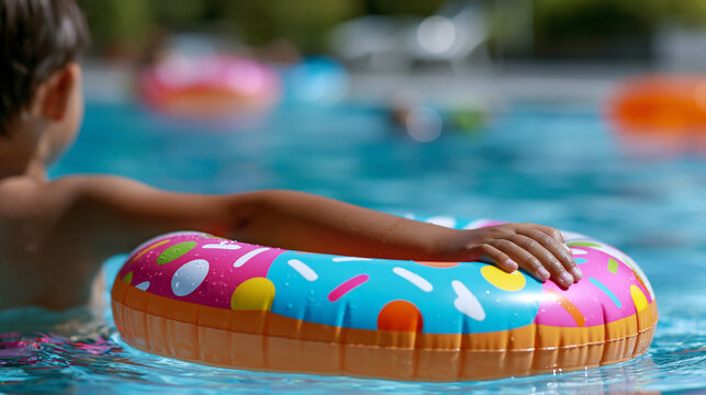 Faceless boy having fun on a family vacation in a pool with an inflatable donut ring for a playful summer holiday concept. Defocused pool background. Boy pool donut ring, family