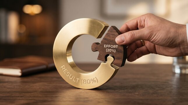 Pareto principle business concept hand inserting effort puzzle piece into result circular chart on wood table