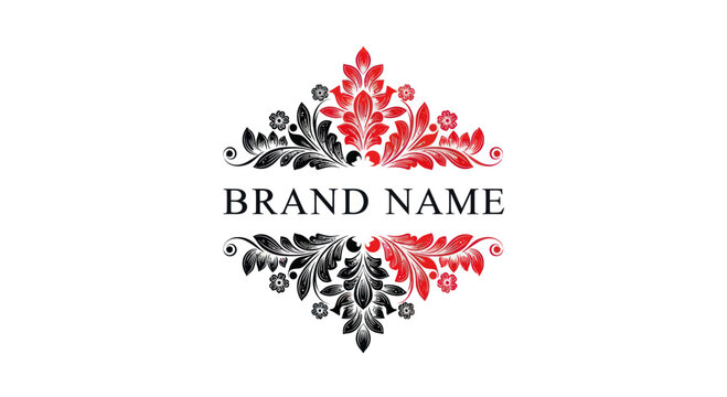 Elegant Brand Name Logo with Red and Black Floral Ornate Design