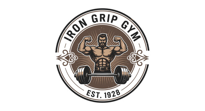 Vintage Iron Grip Gym Logo with Muscular Man and Barbell.