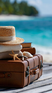 Full suitcase with beach accessories on a tropical beach for a travel packing and summer vacation concept. Full suitcase beach, tropical accessories, travel packing, summer