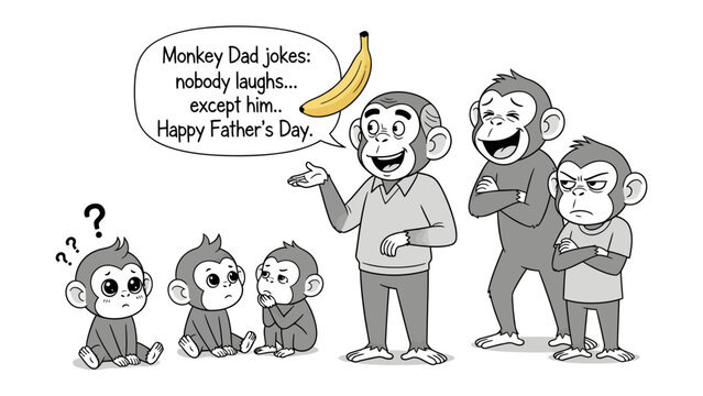 Monkey Dad's Day: A comical illustration of a monkey dad sharing a joke about bananas with his children. The image highlights a family-friendly and humorous moment.