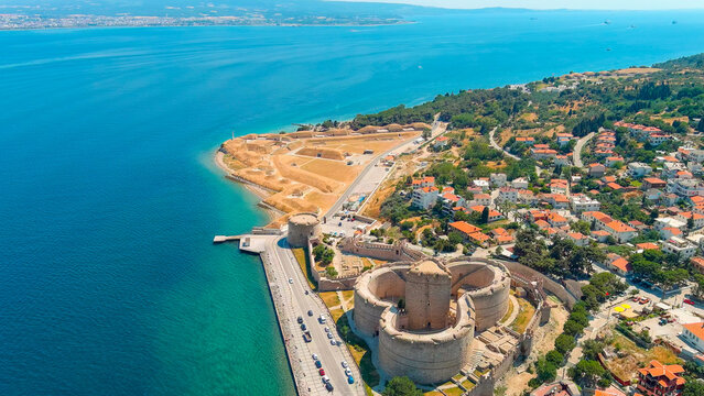 Kilitbahir, Turkey. Kilitbahir Castle, a distinctive clover-shaped Ottoman fortress, with the Namazgah Bastion visible in the background. Aerial View