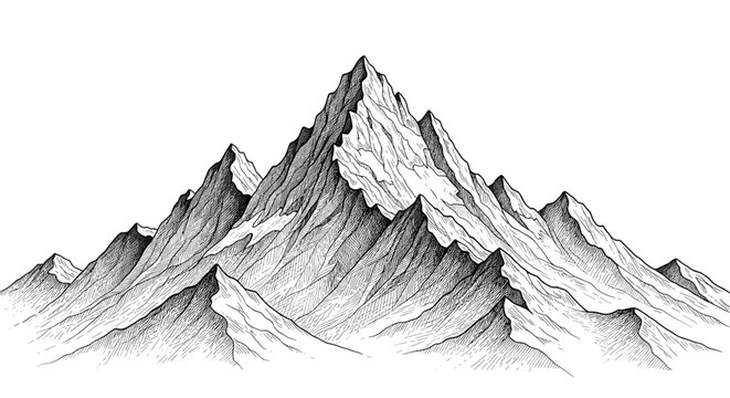 Dramatic hand-drawn sketch of a rugged mountain range with sharp peaks and detailed cross-hatching to represent rocky textures and shadows.