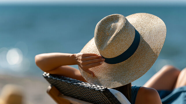 Faceless woman enjoying sunbathing at a beach for a relaxation and summer holiday lifestyle concept. Defocused ocean background. Woman sunbathing beach, summer relaxation, holiday
