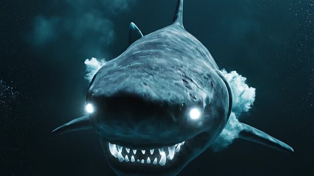 Great White Shark with Glowing Eyes Emerging from Dark Underwater Void