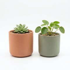 Fototapeta premium Two small potted plants, a succulent in a terracotta pot and a Pilea in a sage green pot, on a clean white background.