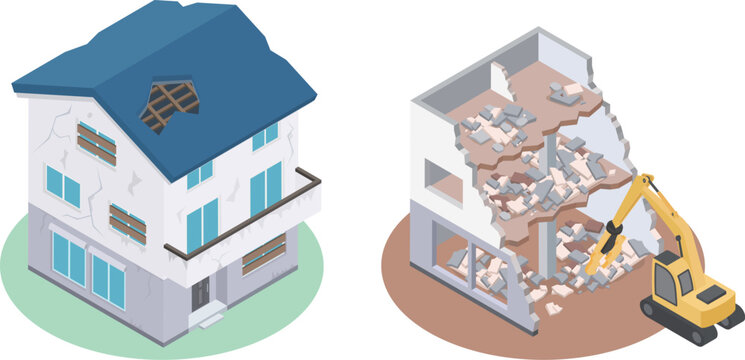 老朽化した住宅と解体工事の対比イラストセット