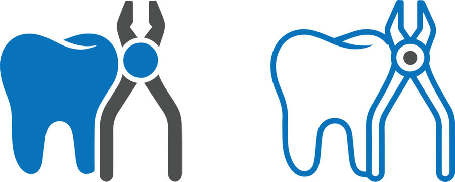 Modern Oral Surgery, Stomatology, and Dentistry Vector Graphics, Minimalist Tooth and Dental Forceps Extraction Icon Set.