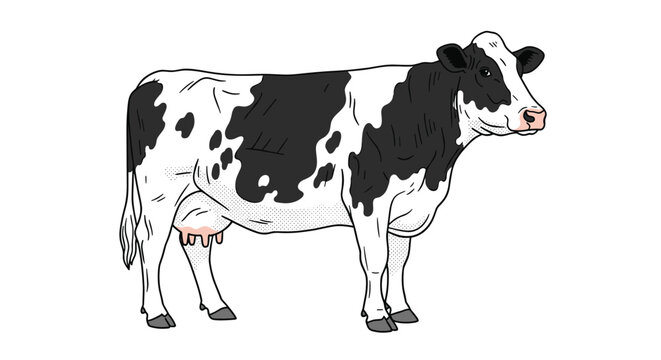 Realistic illustration of a holstein friesian dairy cow standing sideways featuring characteristic black and white patches on its coat.