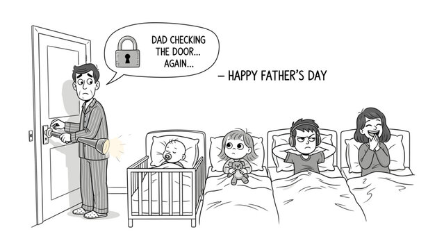 Father's Day Cartoon: A touching Father's Day scene unfolds, with a father checking the door to ensure the safety and peace of his sleeping children. This illustration evokes warmth, love.