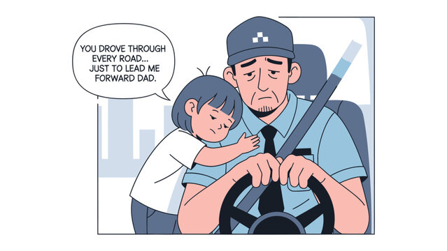 Father's Guiding Embrace: A tender moment unfolds as a child embraces her father, expressing heartfelt gratitude for his guidance and support on a journey forward.