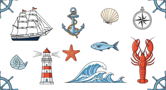 Collection of nautical icons including a sailing ship anchor lighthouse starfish seashell lobster compass and steering wheels for sea themes.