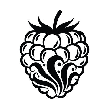 Stylized raspberry icon with ornate decorative swirls and vine motifs