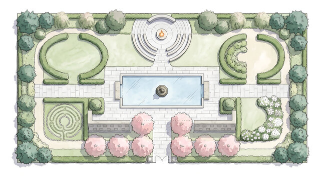 Top-Down Watercolor Landscape Plan of a Memorial Garden with Reflection Pool and Remembrance Walk