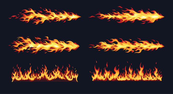 Collection of dynamic fire flames and fireballs in different shapes and sizes for game design or special effects graphics in digital art projects.