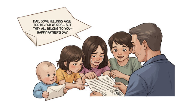 Father's Day Sentiment: A heartwarming moment unfolds as a father reads a heartfelt message from his children, filled with affection and appreciation for the special day. 