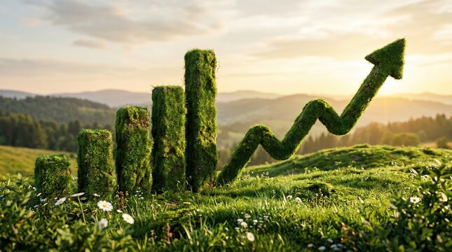 Ecological growth chart and arrow made of green shrubbery in a hilly landscape at sunset with sustainability, landscape