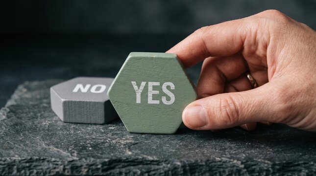 Hand selecting green yes hexagon block over gray no cube on textured dark background
