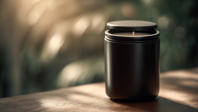 
editorial photography, front shot, smooth ceramic black candle jar, shot with hasselblad x2d 100c, xcd 90mm f/2.5 lens, cinematic sepia color grading with golden hour warmth, professional main fresne