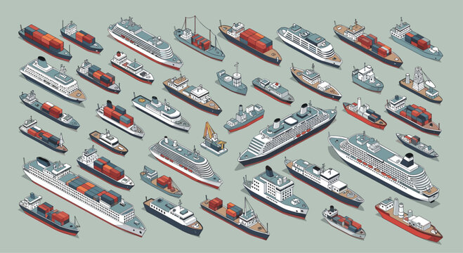 Large isometric collection of various commercial vessels including container ships and cruise liners for maritime transport.
