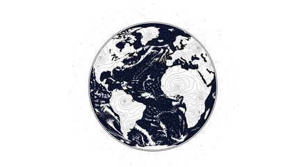 Obraz premium Creative black and white stylized illustration of planet Earth showing continents and oceans with artistic swirling line details.