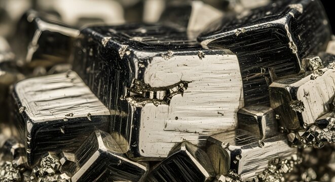 Macro shot of metallic cubic pyrite mineral crystals