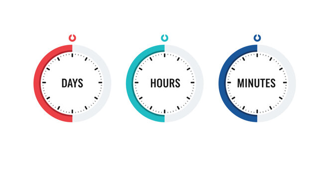 Three colorful countdown timer clocks showing days hours and minutes for tracking deadlines or event launches on website landing pages.