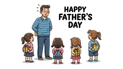 Happy Father's Day: A heartwarming depiction of Father's Day, where a father stands with anticipation as his children prepare to present him with gifts. © Azizun