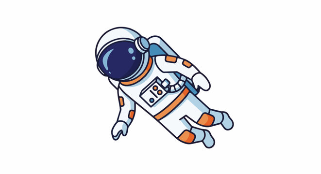 Cartoon astronaut floating in space with white suit, orange accents, and dark visor