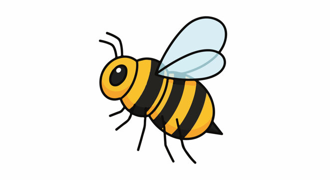 Cartoon bee with yellow and black stripes, transparent wings, and large eyes