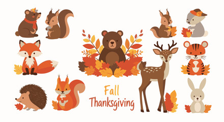 Fototapeta premium Adorable forest animals celebrating fall with autumn leaves and Thanksgiving wishes