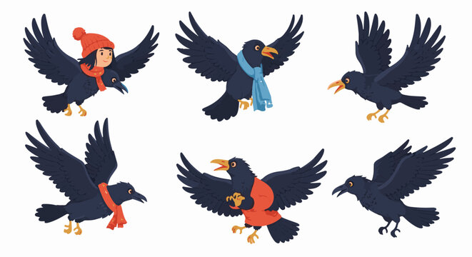 Cartoon crows in flight, one with a child on its back, wearing scarves